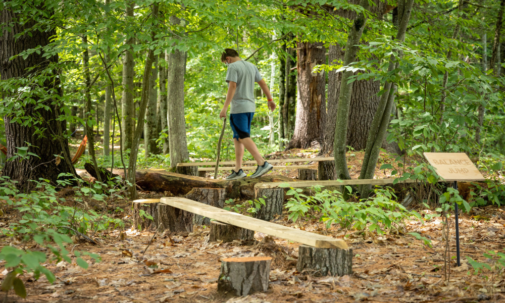 Test your grace and agility through a path of wood beams, colorful tree trunks, and logs.
